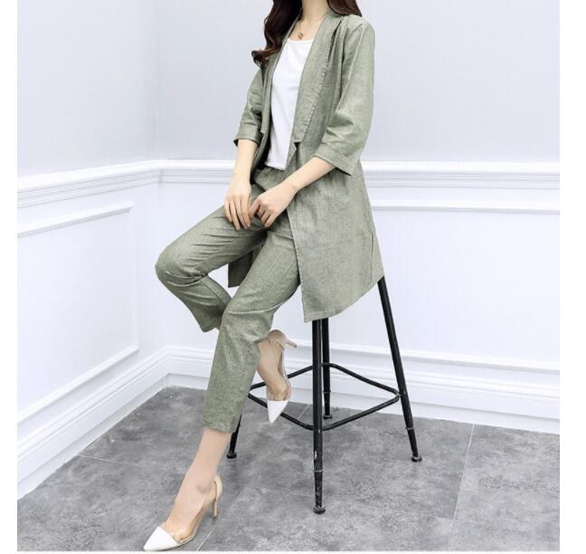 Conjunto de blazers feminino, 2 peças, primavera e outono, algodão, elegante, casual, escritório, estilo feminino, calças compridas, conjunto