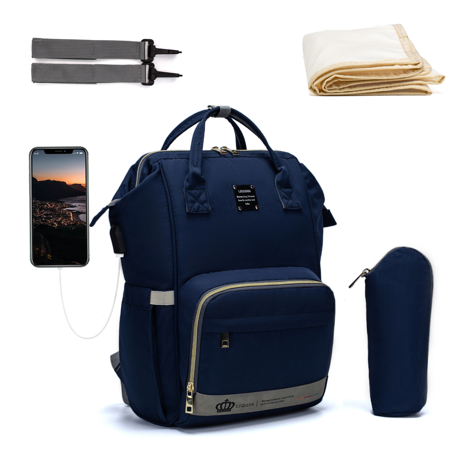 Lequeen Nappy Backpack Bag Mummy Large Capacity Bag Mom Baby Multi-function Waterproof Outdoor Travel Diaper Bags For Baby Care: USB Blue