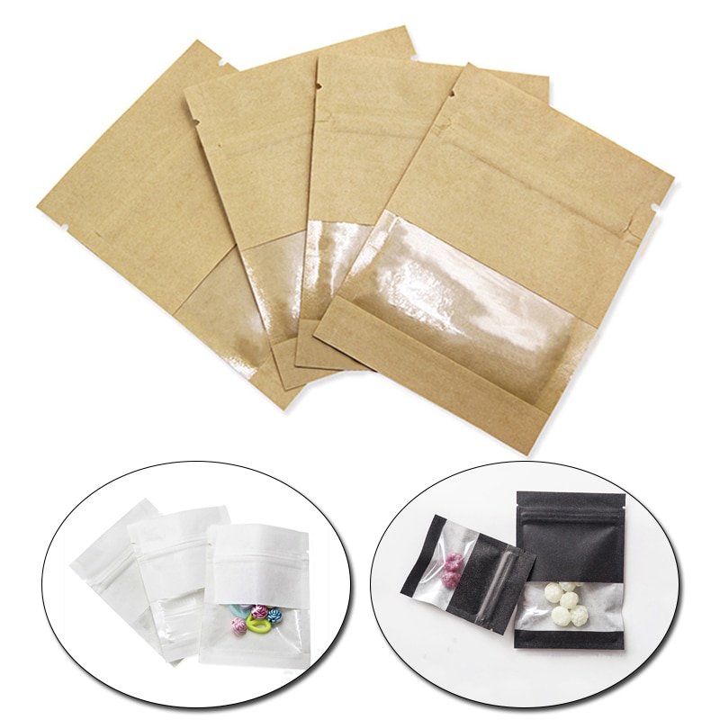 20Pcs Brown Kraft Paper Bag Window Zip lock Empty Dried Food Fruit package Self Sealing Zipper Stand up Bags