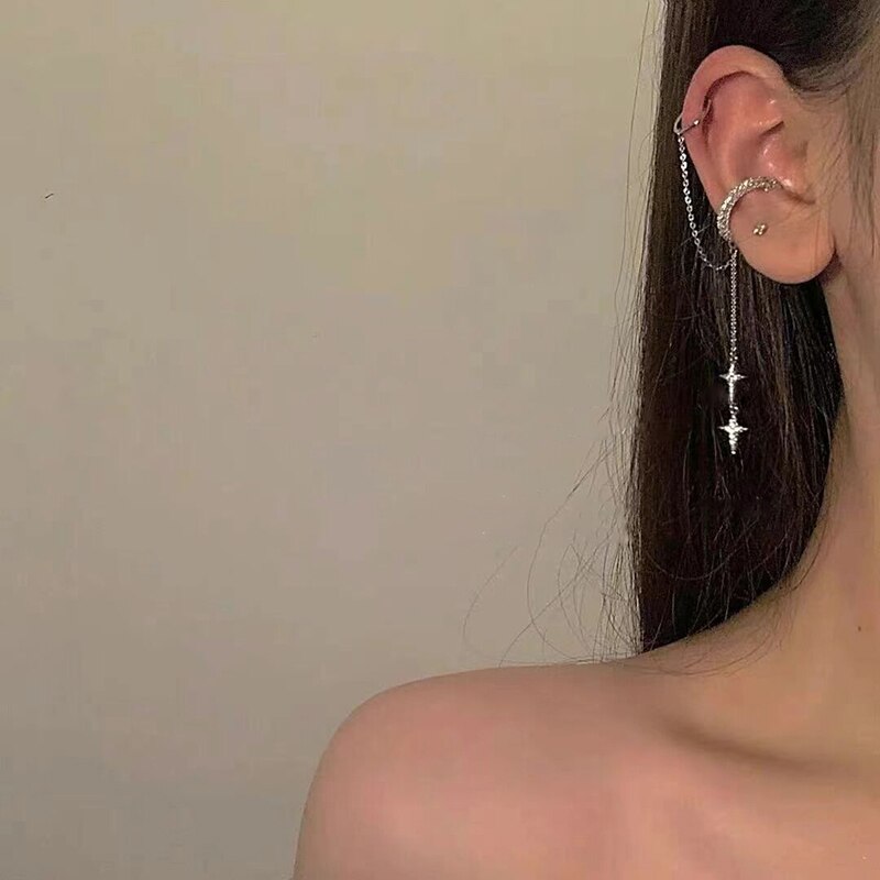 Pendientes de Clip de diamantes de imitación brillantes para mujer y niña, aretes largos sin perforación, borla cruzada, un lado, 2022