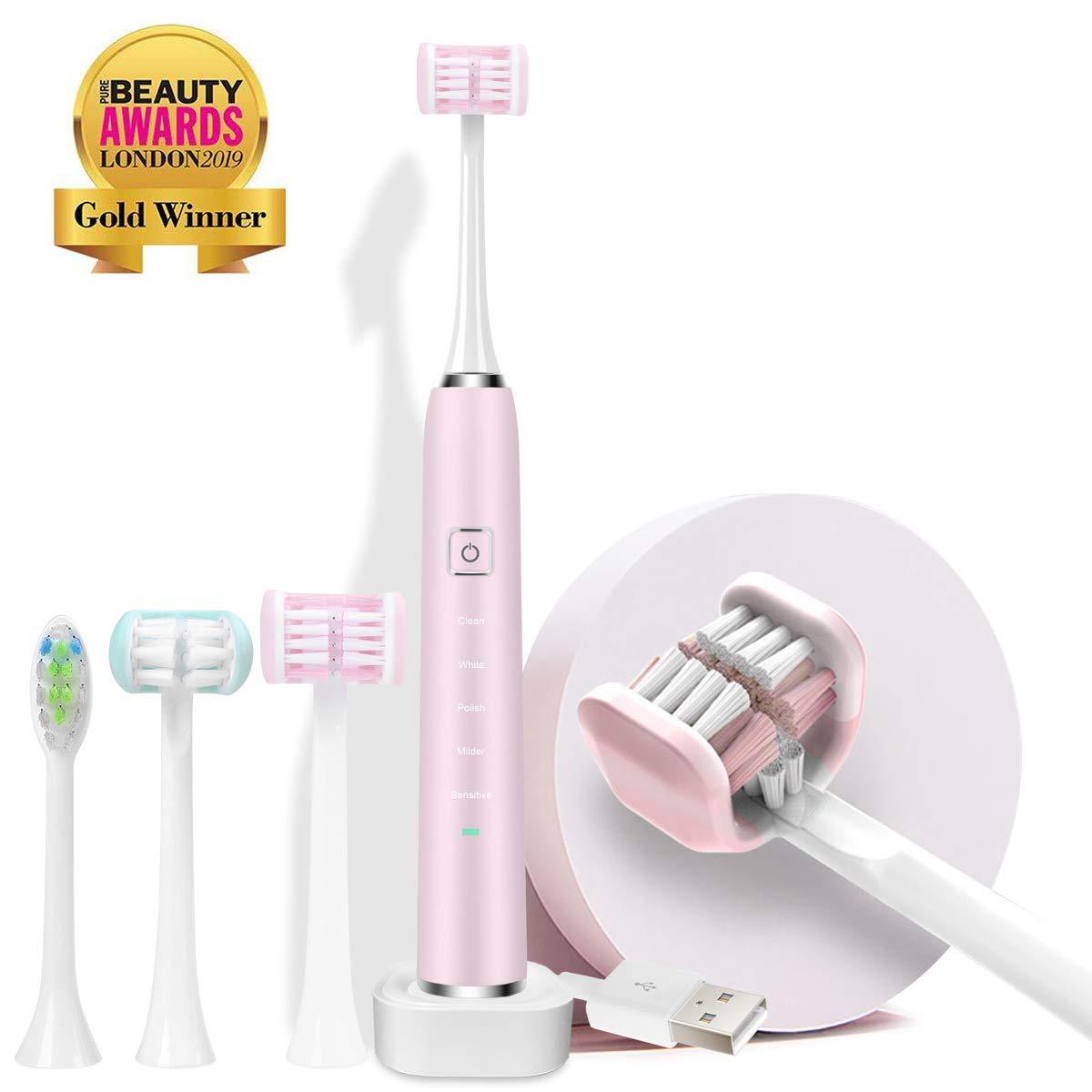 Leyuyo détection brosse à dents électrique Rechargeable 3 Surface en forme de U brosse adulte doux soies acoustique étanche: Pink