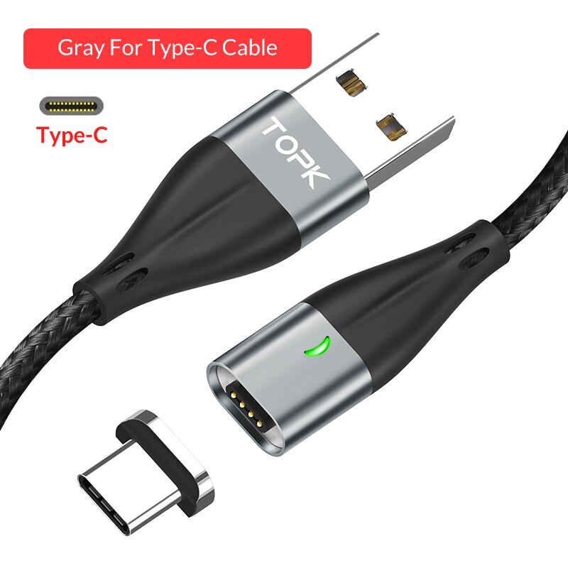 TOPK 1M 3A Magnetic Cable Fast Charging Type C Cable USB C Cable Data Cable For Xiaomi Redmi Note 7 Samsung: Gray Cable