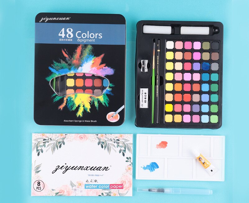 Set waterverf 48 kleuren voor kinderen beginners handgeschilderde waterverf vaste pigment kunstbenodigdheden: 48 kleuren-zwart