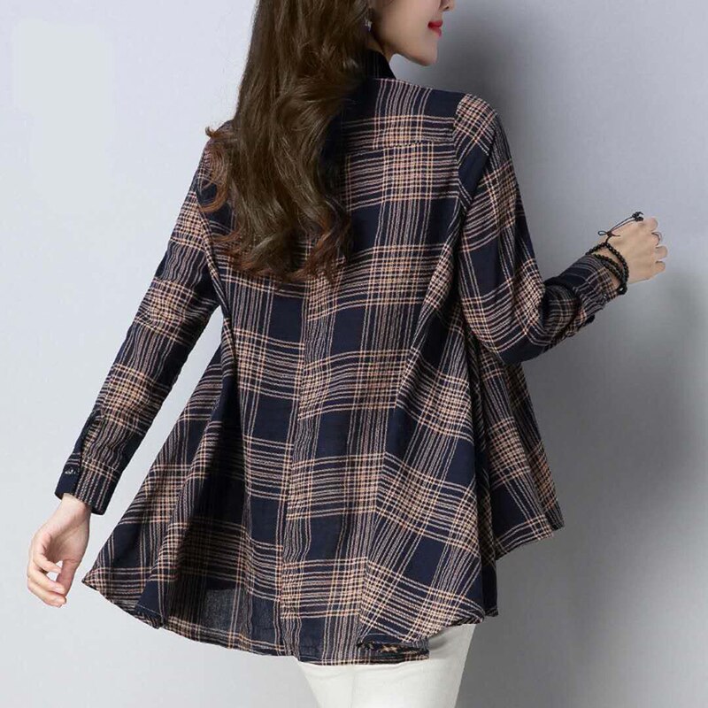Vrouwen Lente Zomer Stijl Katoen En Linnen Blouses Shirts Lady Casual Losse Stijl Plaid Gedrukt Blusas Tops DF3718