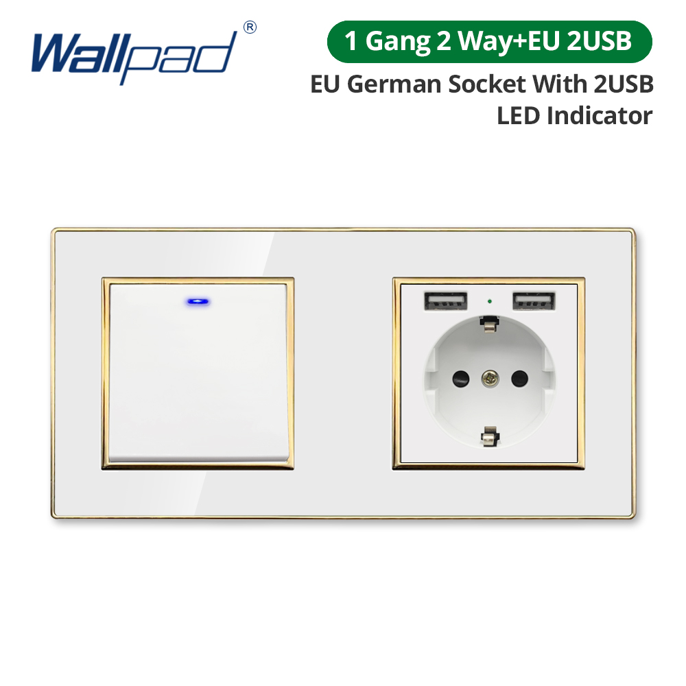 Wallpad White Acrylic Panel Gold Border Wall Light Switch LED Dimmer USB Charge EU Socket Outlet 4 5 6 7 8 Gang 2 Way Reset: green