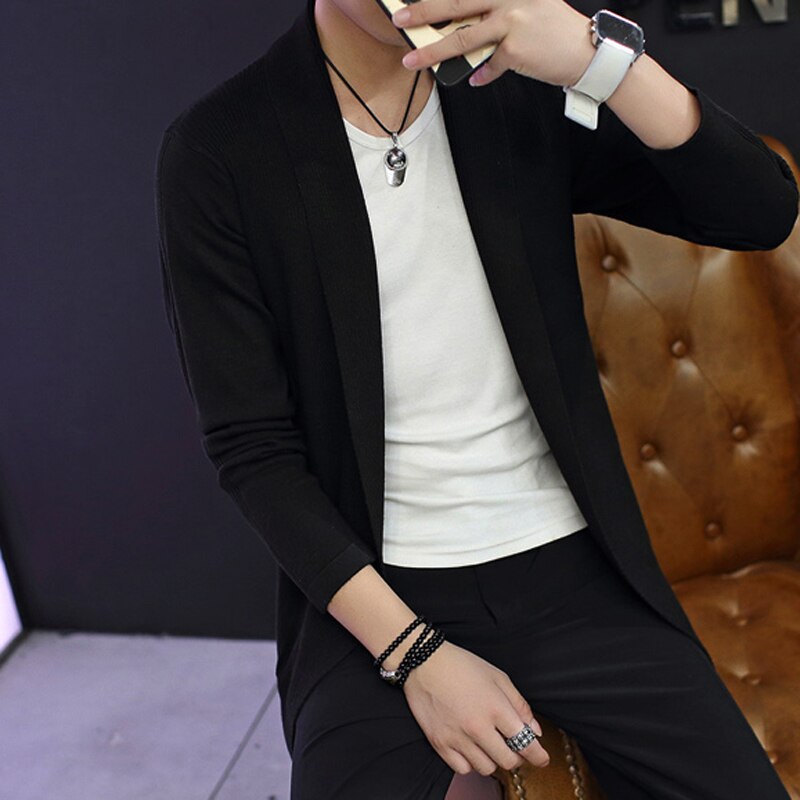 Long men's knitted cardigan jacket long-sleeved solid color cardigan long cardigan stretch jacket autumn and winter