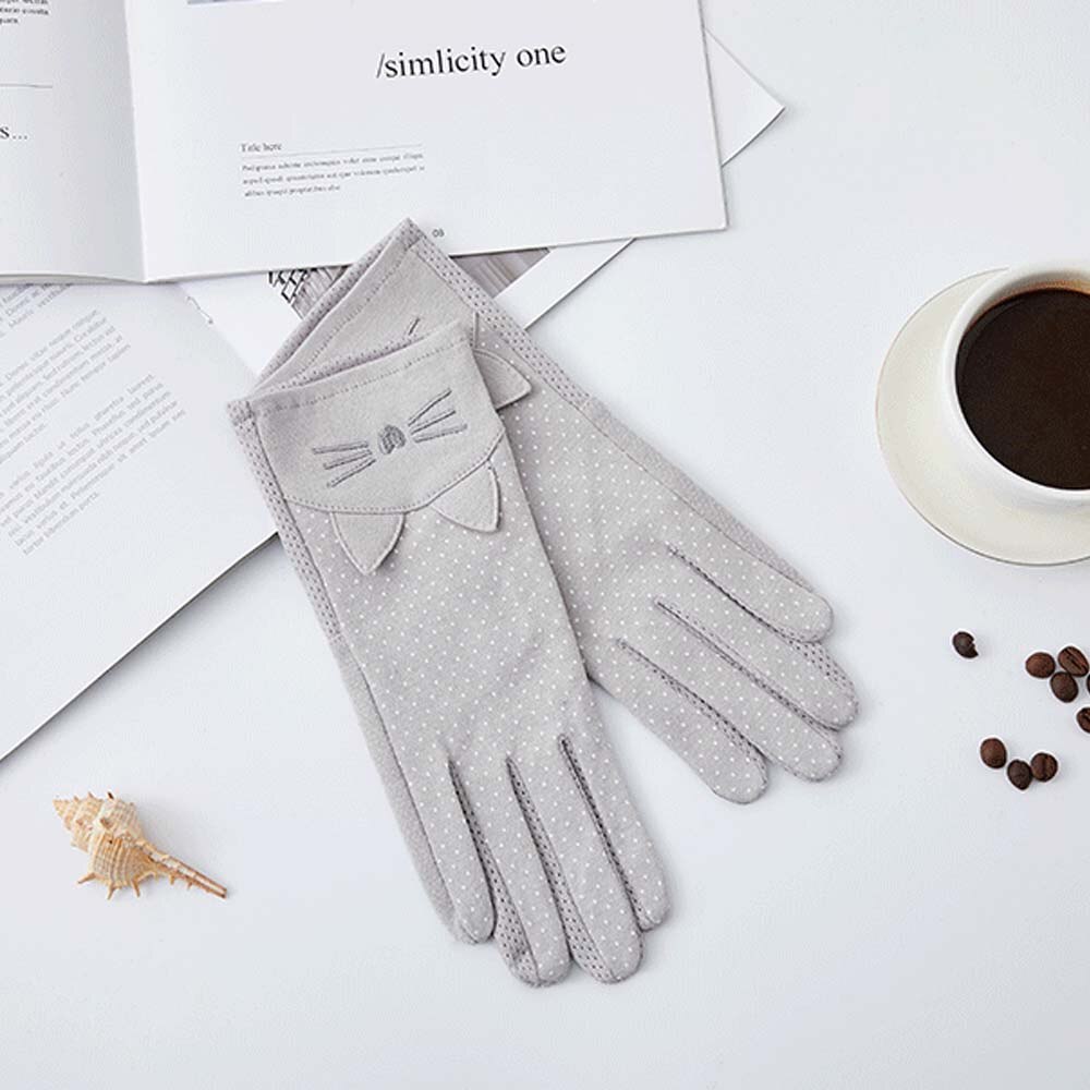 Mode Vrouwen Handschoenen Dames Zon Protec Handschoenen Dunne Zomer Rijden Elastische Katoen Ademend Rijden Handschoenen Leuke Kat Dot Mitten: light gray-Middle