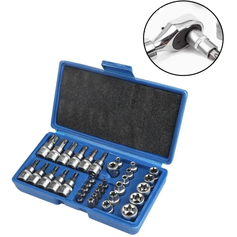34Pcs Torx Star Sockets & Bit Set with Box Male / Female E-Security Bits Drive Handheld Tool Torque Star Socket Disassembly Tool