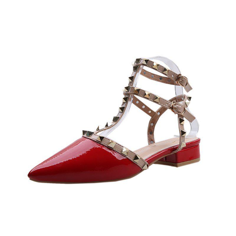 Summer Women Sandals T Strap Rivets Sandal Patent Leather Dress Shoes White Wedding Shoes Flat Sandal: Red / 35