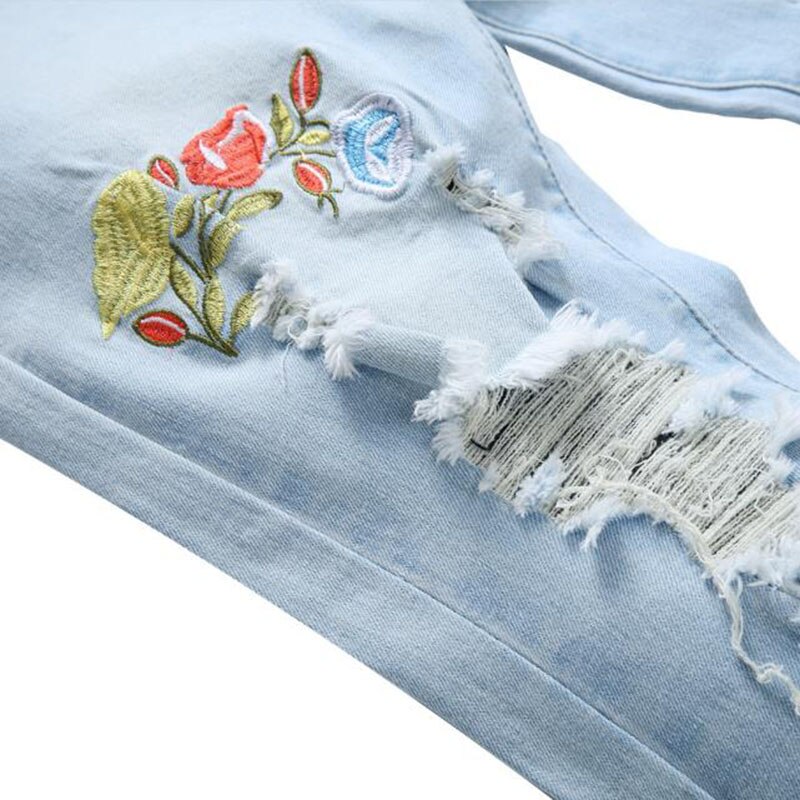 Mannen Gescheurde Jeans Borduren Broek Jean Homme Voor Mannen Slanke Denim Broek Mannelijke Zwarte Blauw Straight Casual jeans