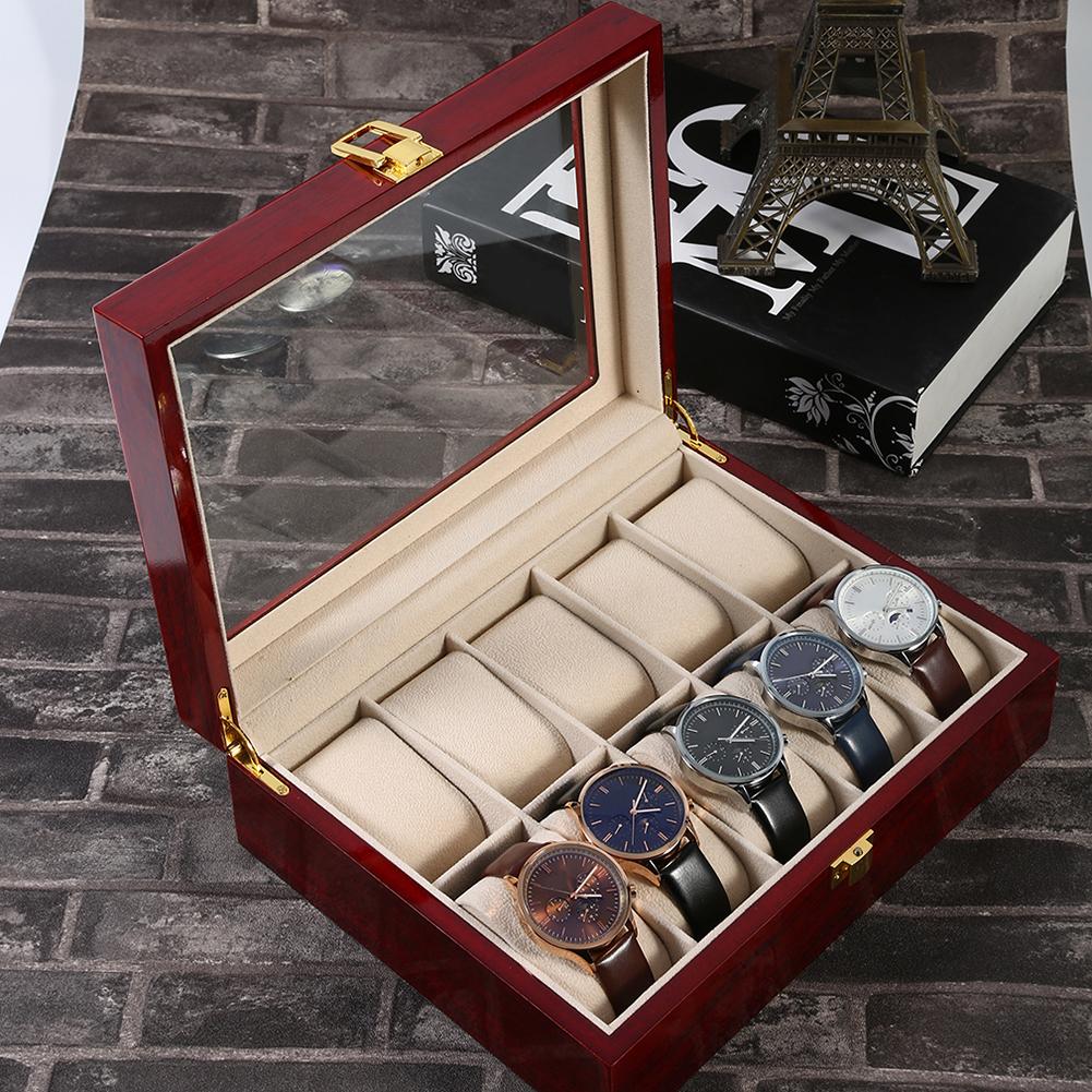 Sales! Luxe 10 Grids Houten Polshorloge Display Box Jewelry Organizer Case Rood Hout Watch Box Horloges Organizer