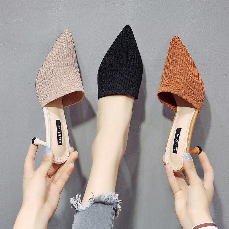 Tricoté élastique Mules pantoufles maison femmes à talons hauts femme chaussette chaussures été Designers Zapatillas Mujer Casa