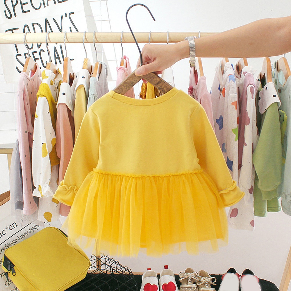 Baby Girls Autumn Solid Color Long Sleeve Stars Decor Stitching Tulle Dress Princess Dresses Clothes