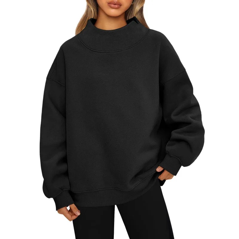 Sudadera con capucha de manga larga con forro polar para mujer, ropa deportiva informal cómoda de fibra de poliéster con cuello alto: XXL / Negro