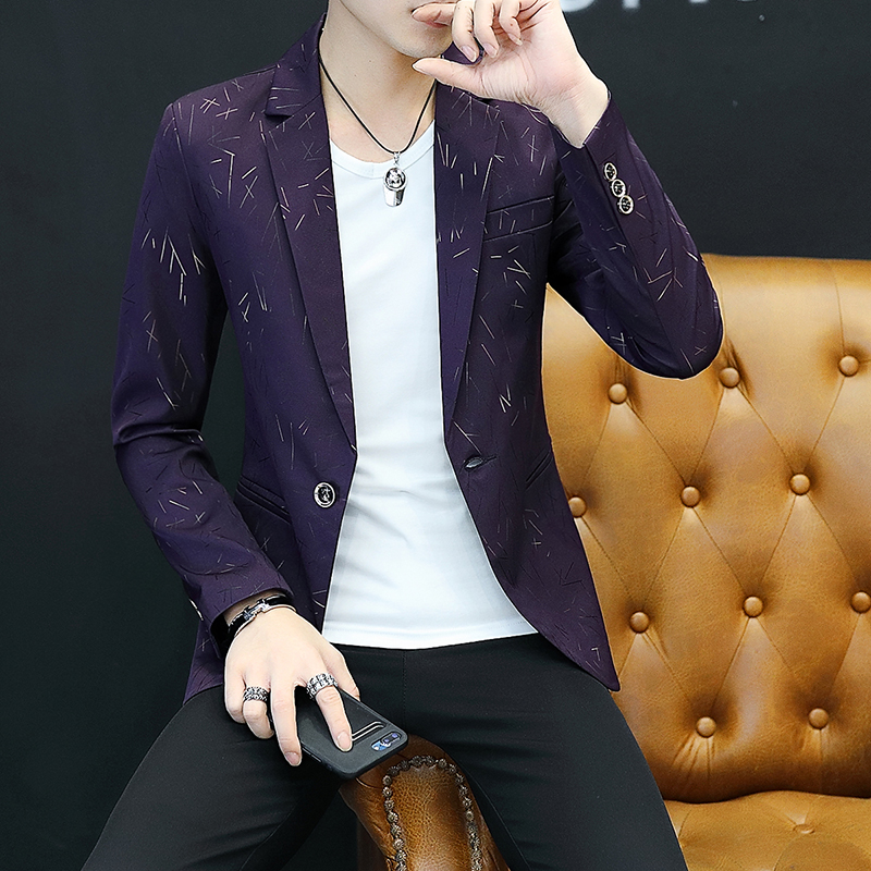 Lente en Herfst Bloemen Afdrukken Prom Pak Blazers Single Button Party Man Casual Slim Fit Trouwjurk Jasje: Paars / M