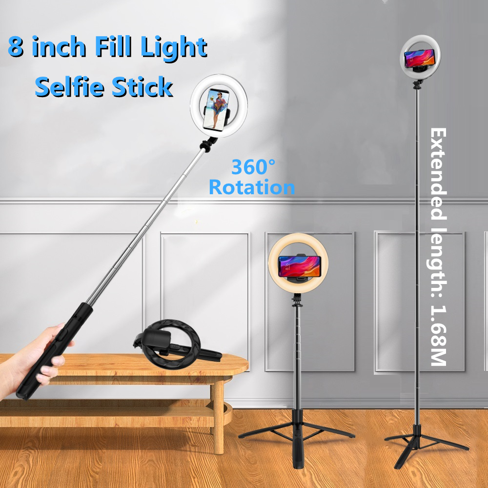 Cool dier 1680mm stor trådløs selfiestang stativ sammenleggbar led-ringfotograferingslys med bluetooth-kompatibel lukker