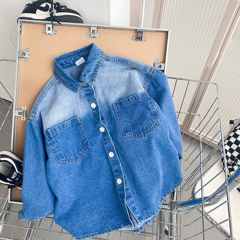 Spring boys casual denim jackets turn-down collar loose dipdye Unisex shirt 1-8Y
