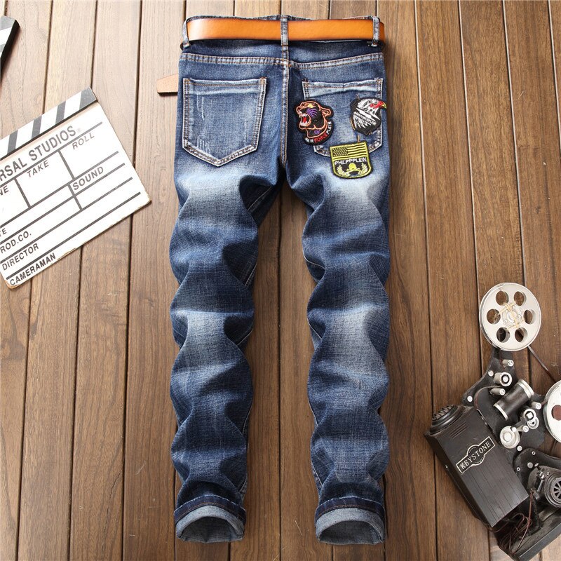 Pantalones vaqueros Skinny de motorista de primavera para hombre, pantalones de mezclilla ajustados con bordado estampado, pantalones vaqueros de talla grande 49 Calca, Vaqueros masculinos ajustados para hombre