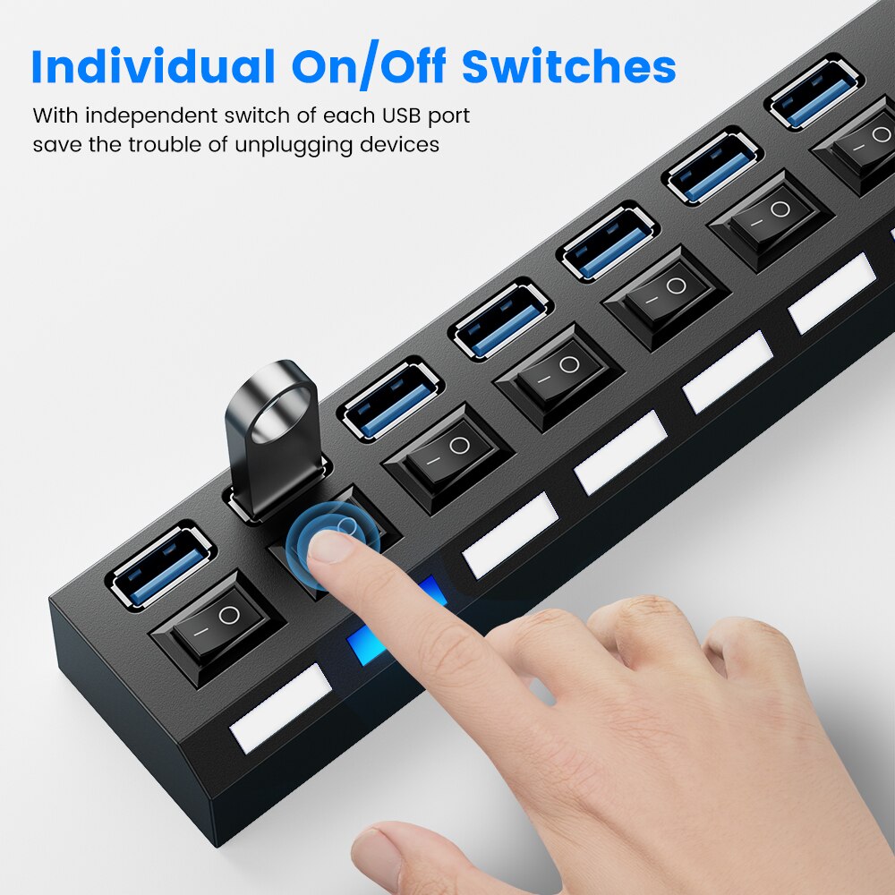 HUB USB 3.0 à plusieurs ports avec interrupteur, répartiteur pour PC, adaptateur d&#39;alimentation multiple USB 2.0