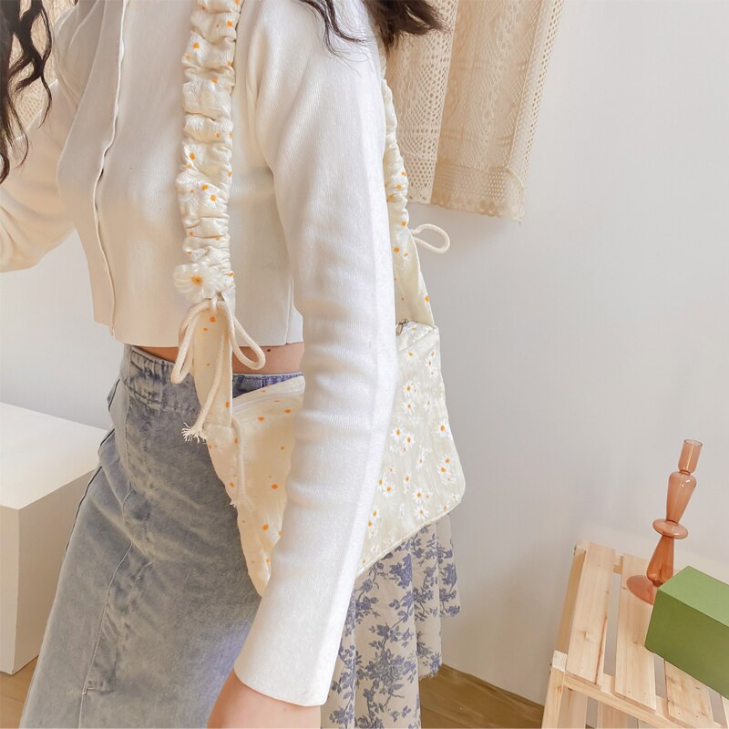 Casual blommig kvinnor axelväskor daisy ruched strap messenger bag harajuku bomull stor kapacitet toets dam stora plånböcker