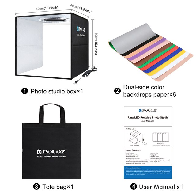 Puluz – boîte à lumière pour photographie, tente de prise de vue, Kit de 3 modèles de boîtes à lumière Led, arrière-plan de Studio Photo