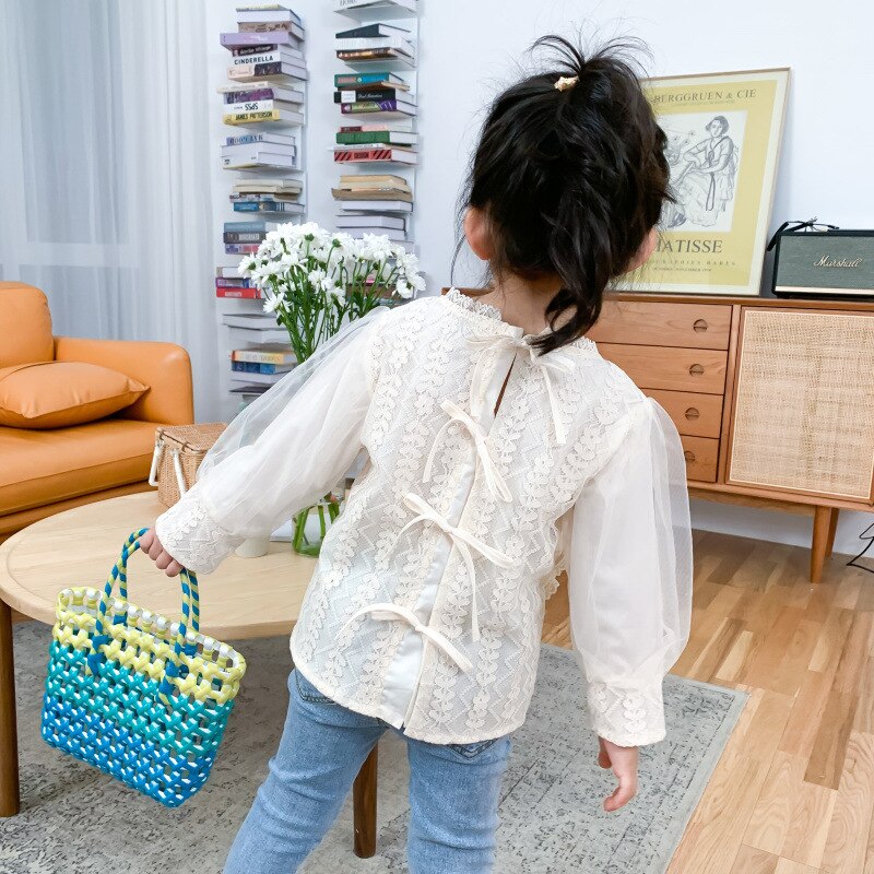 Koreansk stil blonder mesh patchwork langærmede dukkebluser til piger ryg snørestoppe