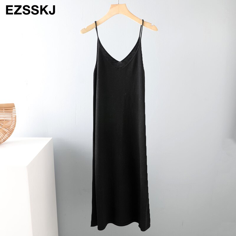 Chic a-line basic forår sommer kjole stropløs strikkjole kvinder løs camisole oversize lang kjole kvinde strik maxi kjole: Sort