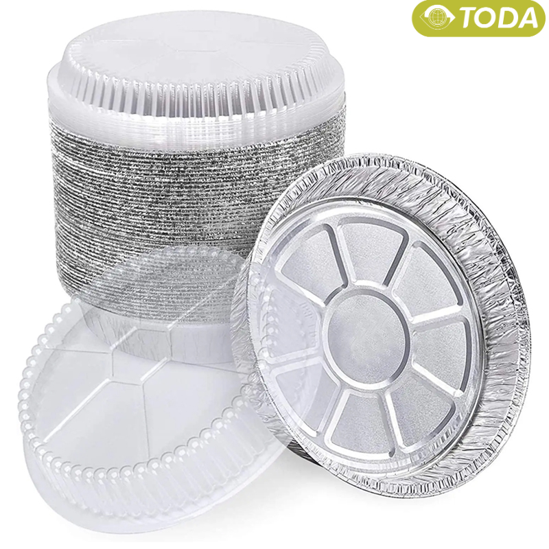 Sartenes redondas de papel de aluminio con tapas transparentes, horno congelador seguro para almacenar sobras, hornear y cocinar, 7 pulgadas, 20 paquetes