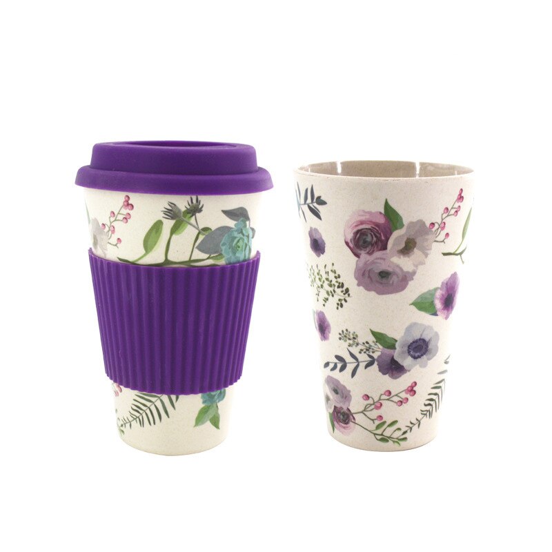400ml Eco-Friendly Bamboo Fiber coffee mug with chinese painting reusable Anti-scalding Milk tea travel mugs and cups e: Plum