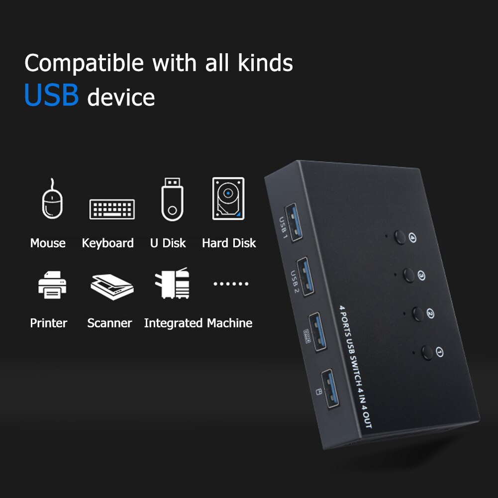 USB Switch KVM Switch Box 4 USB2.0 Switcher PC Sharing Splitter for Keyboard Mouse With 4 USB Cables Support