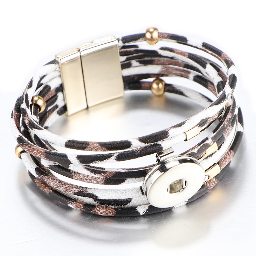 Snap fastener jewelry, 18mm snap fastener bracelets, punk multilayer leather leopard print, magnetic buckle bracelet, bracelet snaps jewelry