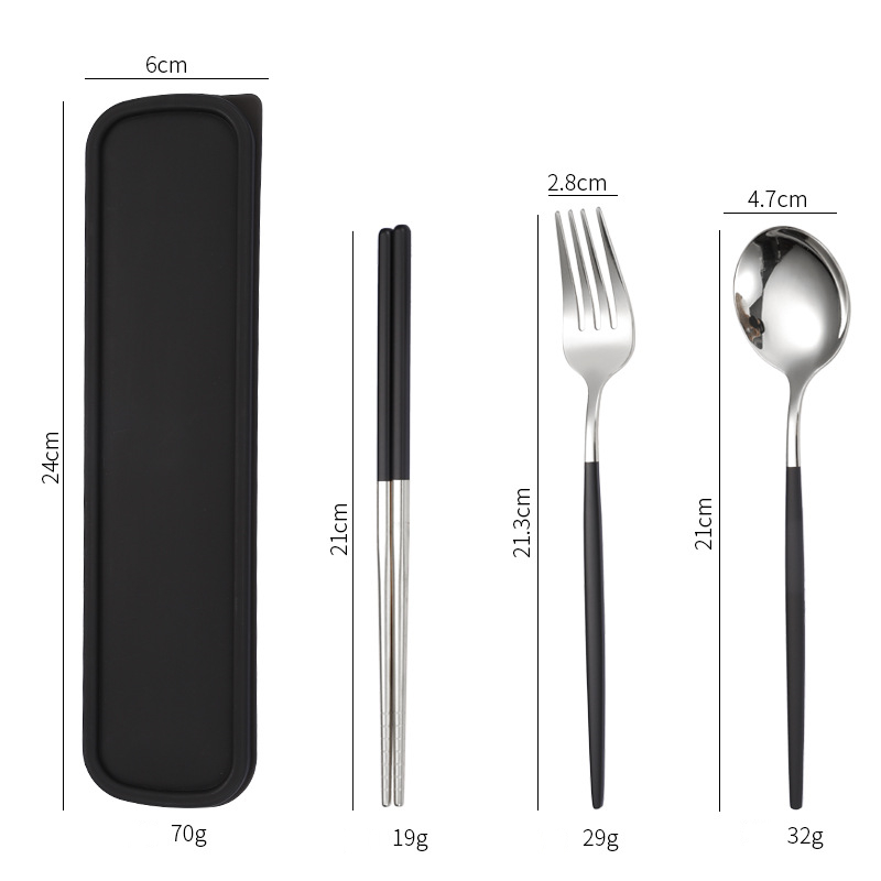 Stainless Steel Dinner Tableware Set Cutlery Knife Fork Spoon Dinnerware Set With Box Tools Travel Tableware Set: 3Pcs Black Sliver