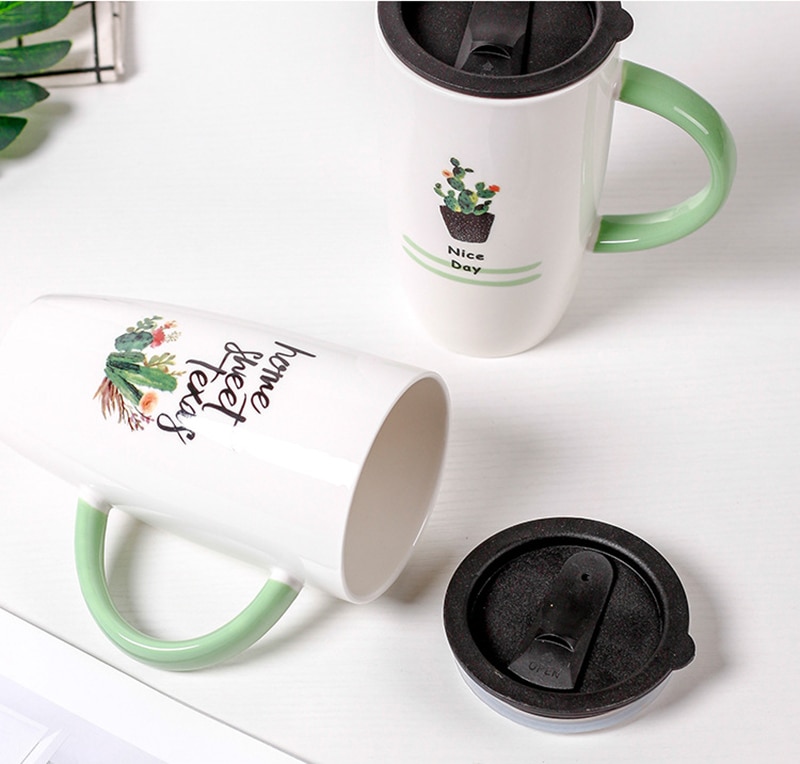 600ml kaktusmönster keramisk mugg med lock tecknade koppar mjölk kaffe te kopp grönt handtag porslinsmuggar fina