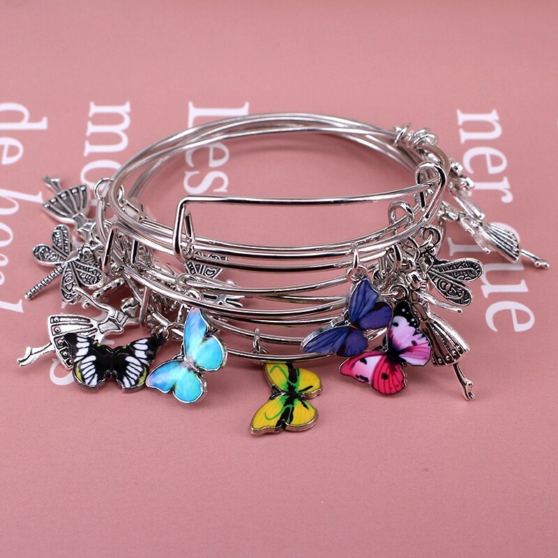 5Pcs Bangle Set Draad Armbanden Voor Vrouwen Meisjes Juwellen Vlinder Dragonfly Boog Bedels Armbanden Manchet Jewlery C044: E38 Platinum Plated