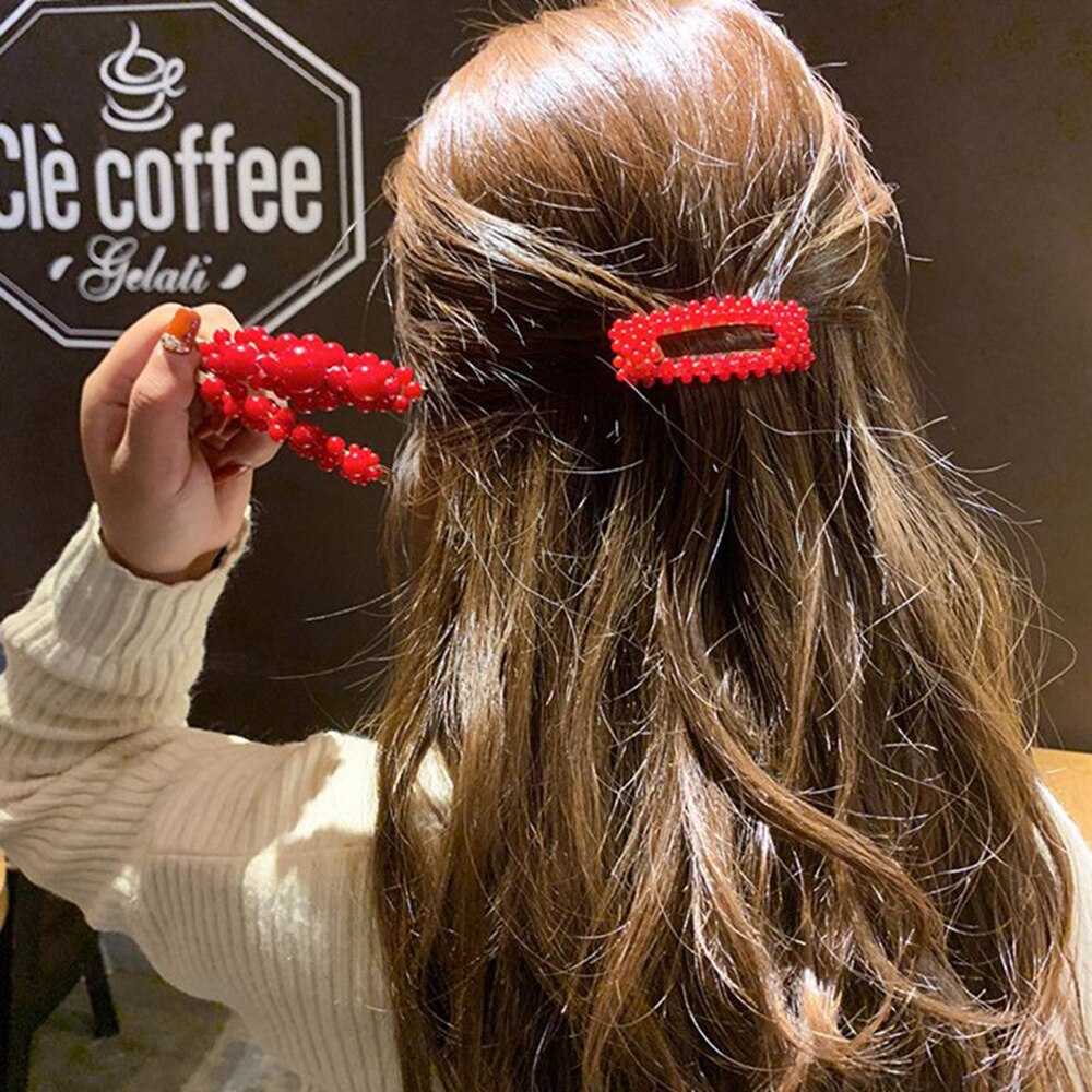 1Pc de rojo Clip de perla para el cabello para mujer coreano broche de pasador de horquilla de barra Accesorios para peinados