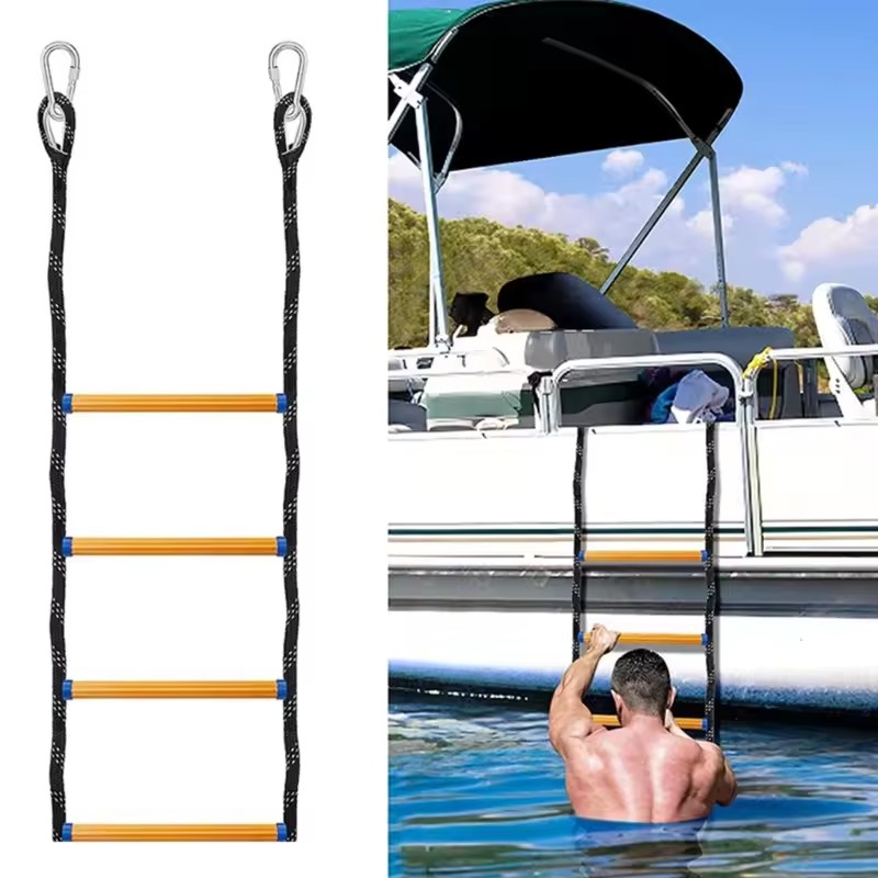 4 Step Boat Rope Ladder, Marine Rope Ladder for Inflatable Boat Kayak Motorboat Canoeing, Portable Rope Boarding Ladder