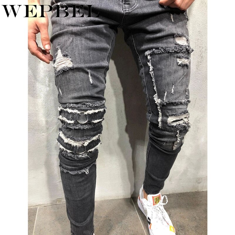 WEPBEL rue Hiphop hommes genou trou Stretch Denim pantalon déchiré mendiants Punk gothique maigre fond fermeture éclair Biker jean