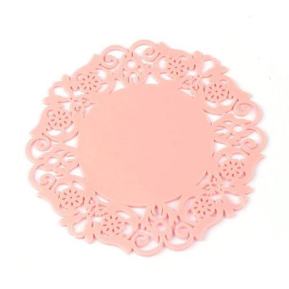 Hollow Lace Flower Round Silicone Coaster Heat Resistant Table Cups Pads FP8: Pink