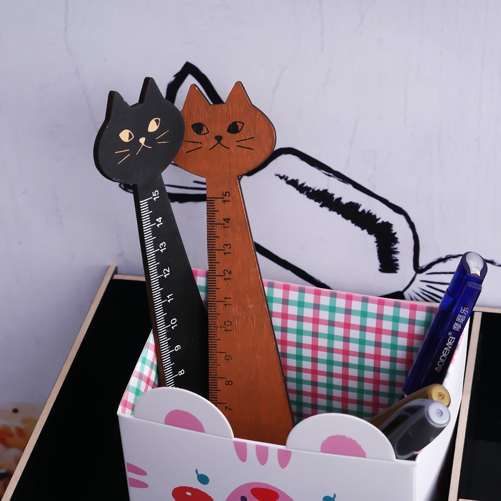 Regla de 15cm con forma de gato, regla recta de animales de madera, para útiles escolares para niños, papelería, negro, amarillo, 1 ud.