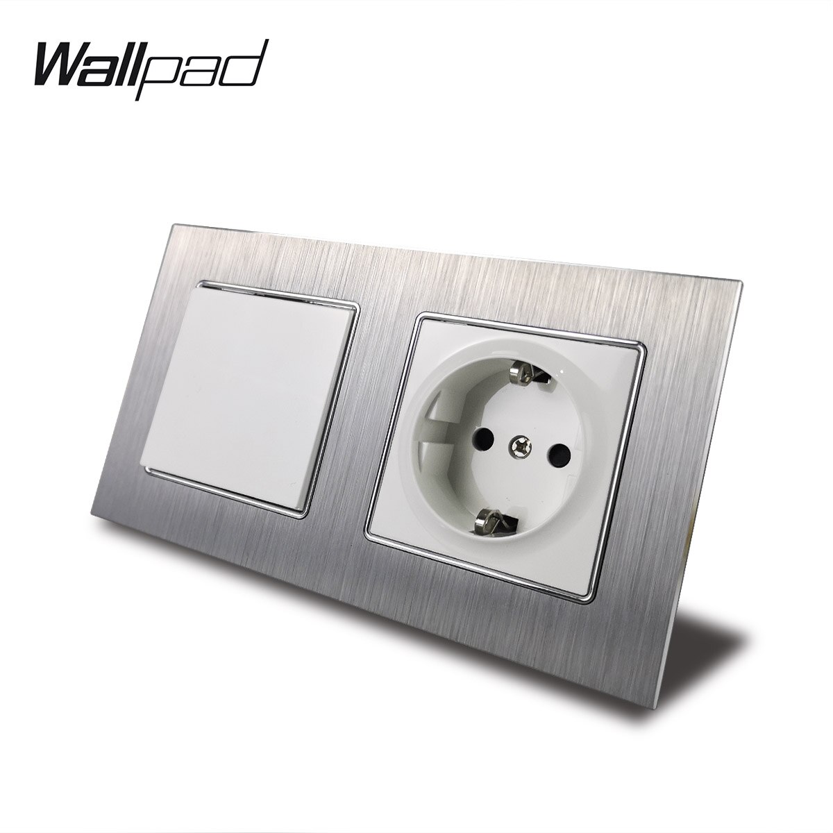 Metal EU 1 Gang Light Switch and Socket Wallpad 156*86mm Satin Panel 16A Schuko EU Power Socket 2 Way Switch with Clips Mounting: White Center