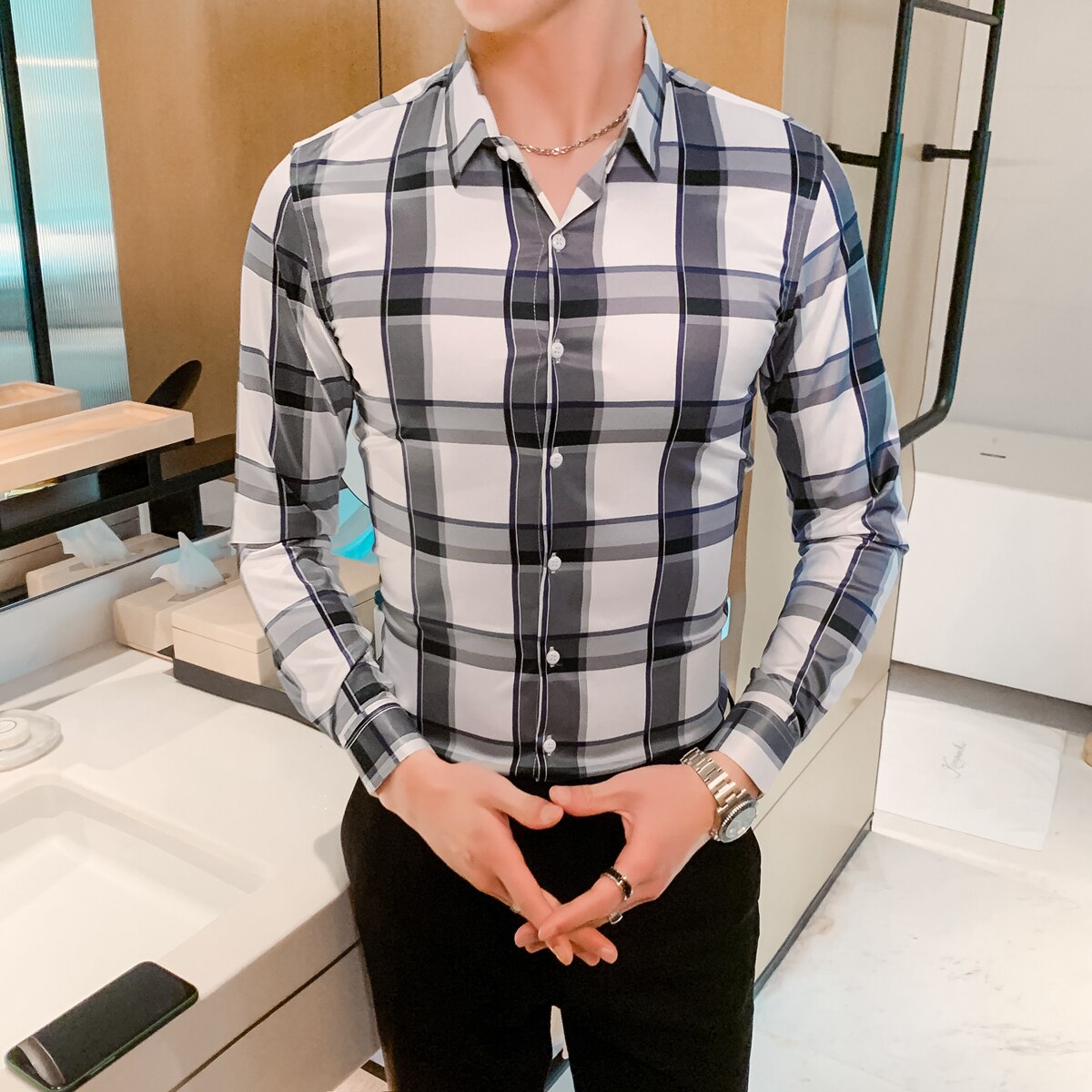 Formella fritidsskjortor 5xl koreanska herrkläder brittisk stil rutig skjorta herr vår slim fit rutig skjorta långärmad