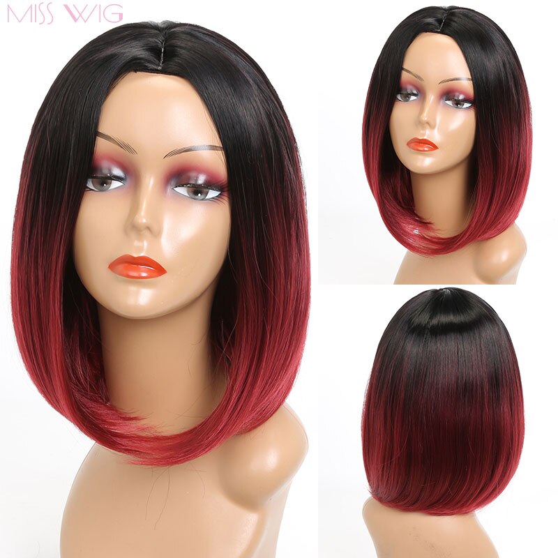 Miss Pruik Korte Rechte Ombre Roze Hittebestendige Bob Pruik Voor Vrouwen Zwart Ombre Kleur Synthetisch Haar: 4/27HL