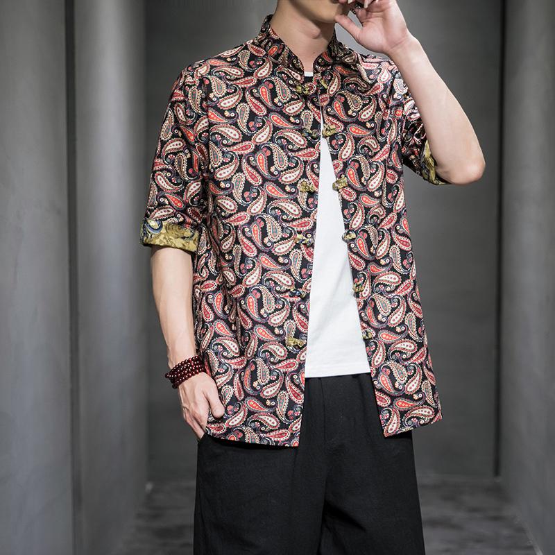 Mens Hemden Kleid der Halben Hülse verlieren passen Sommer Männer Chinesischen Hemd Blume Gedruckt Cheongsam Männer Jahrgang Chinesische Kung Fu hemd: Schwarz Hemden Männer / 4XL