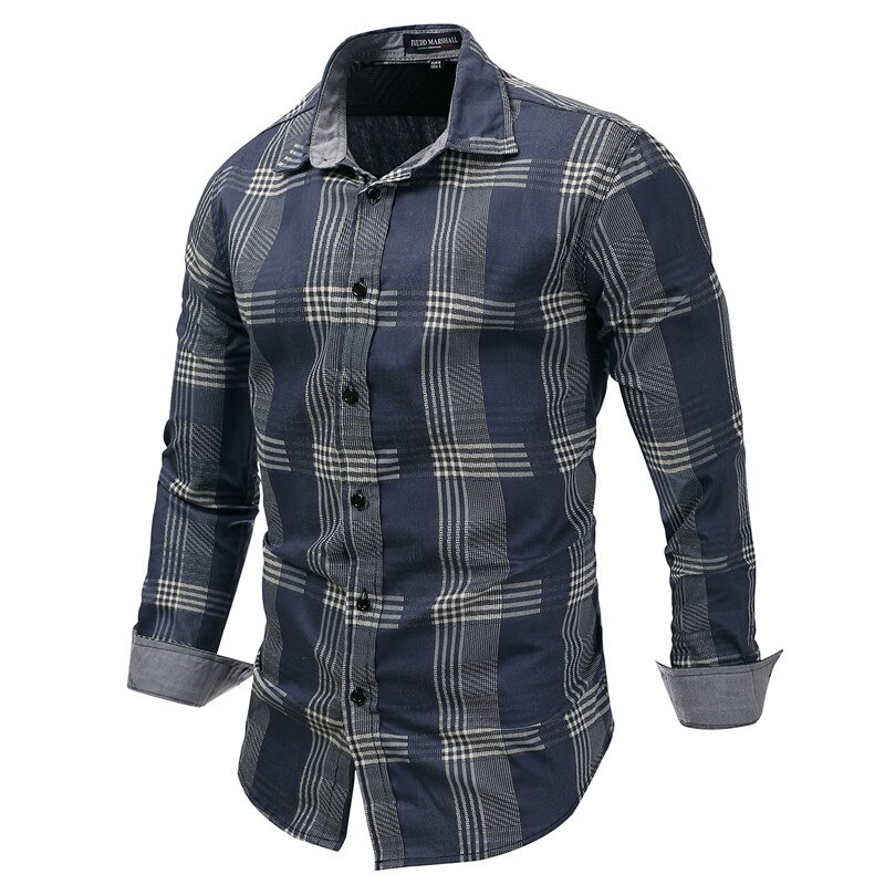 MORUANCLE Men's Casual Plaid Denim Shirts Long Sleeve Jean Shirt Tops For Male Size M-XXXL Blue