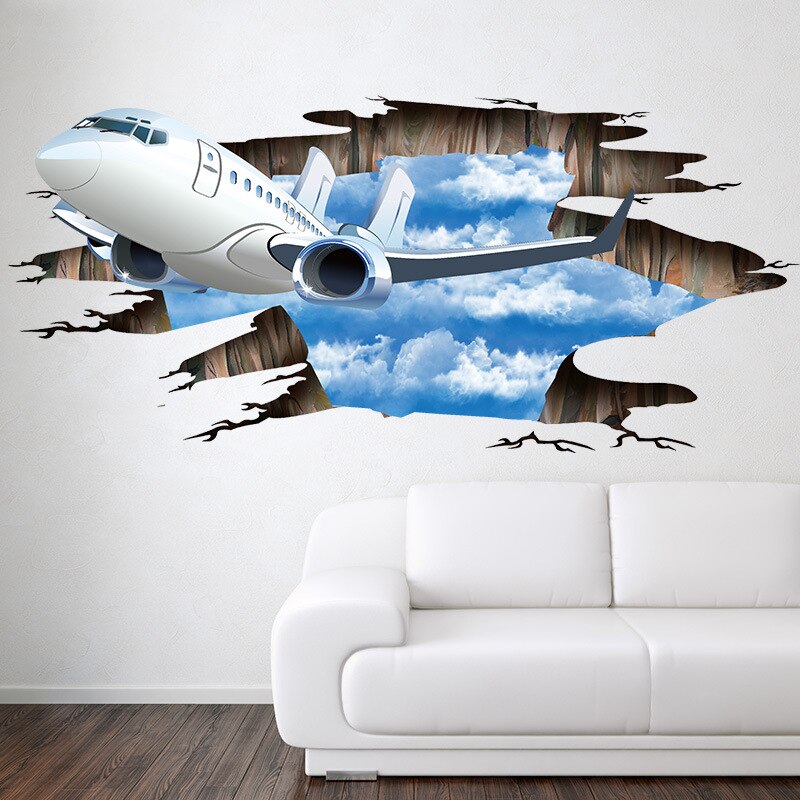 3D Wall Decals Blue Sky Clouds Aircraft Wall Stickers for Kids Baby Rooms Living Room Bathroom Poster Floor Decoration