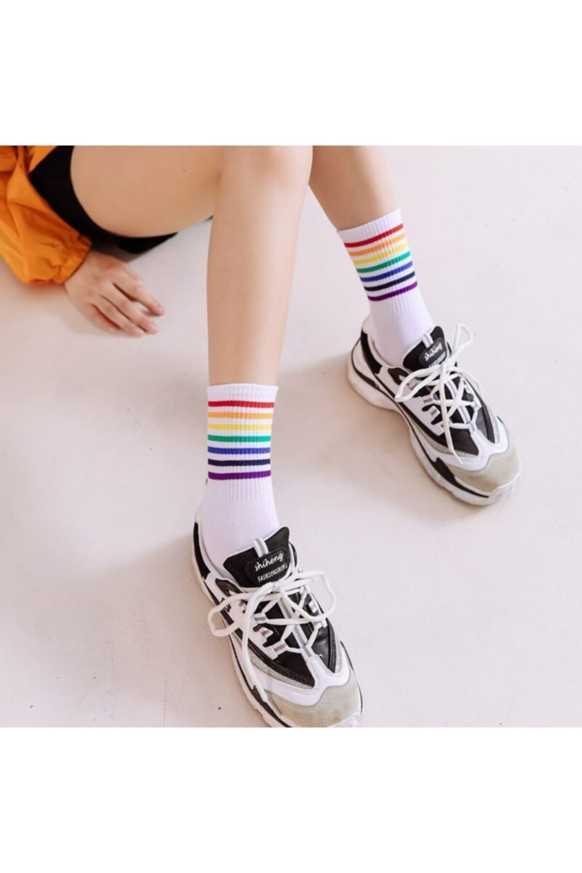 Vrouw Man Kind Sokken 6 Dubbele Regenboog Gestreepte College Tennis Sokken 6 Pcs Pakket Moderne Casual Kleding Casual stijl