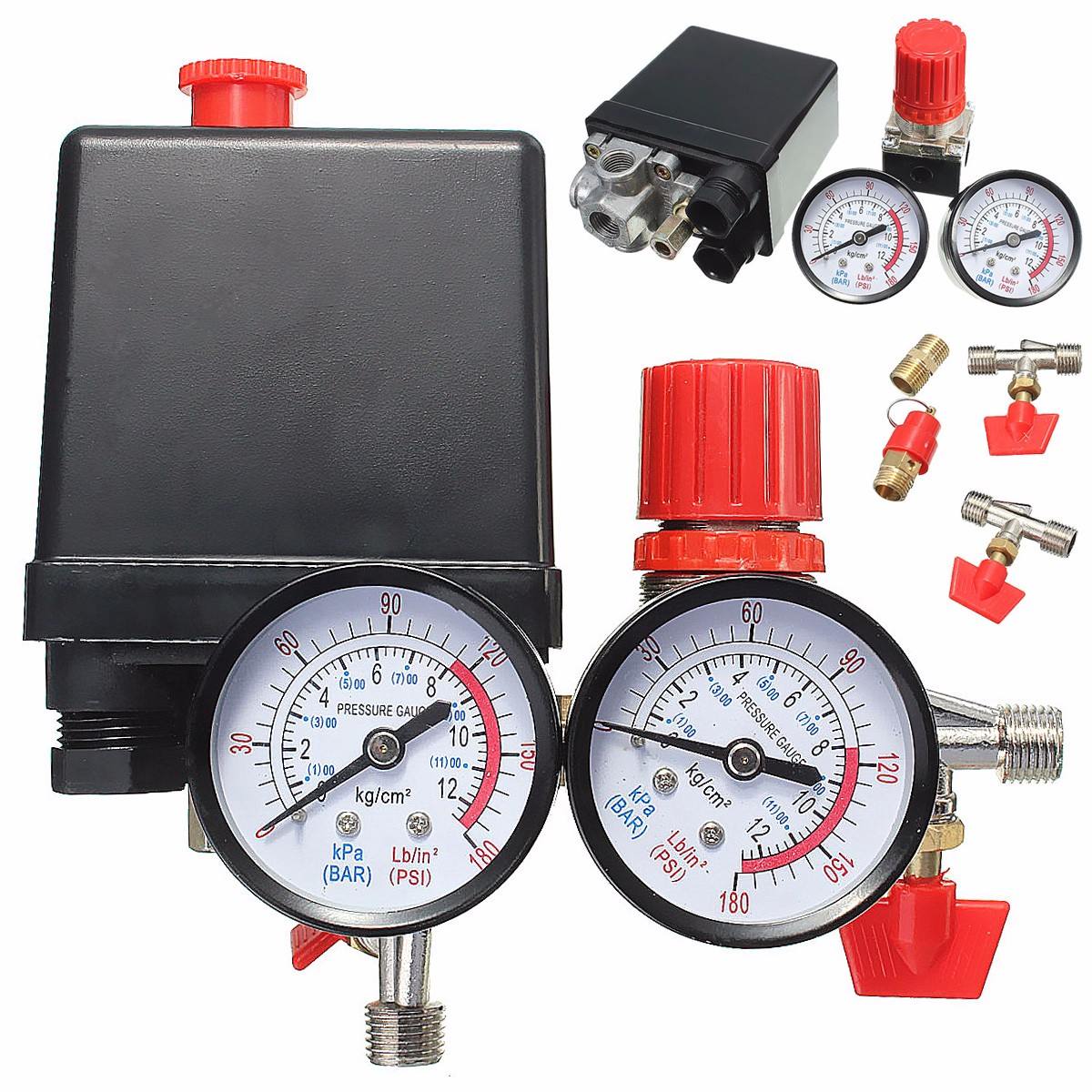 240V AC Regulator Heavy Duty Air Compressor Pump Pressure Control Switch 4 Port Air Pump Control Valve180PSI with Gauge