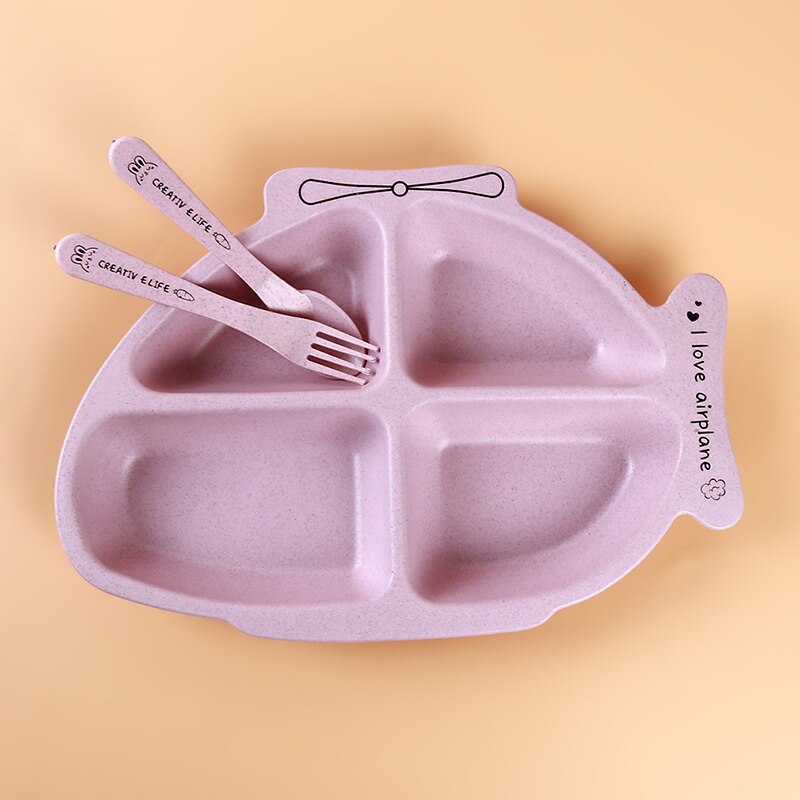 Assiette d'alimentation solide en plastique pour enfants, plat à dîner divisé pour enfants, joli hélicoptère de dessin animé, nourriture pour bébé, 4 sections avec cuillère fourchette: Pink