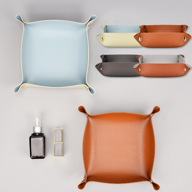nordisch Stil Faux Leder Ablage Kasten Multi-zweck Druckknopf Schmuck Kosmetik Schlüssel Platte Platz Schreibtisch Organisation