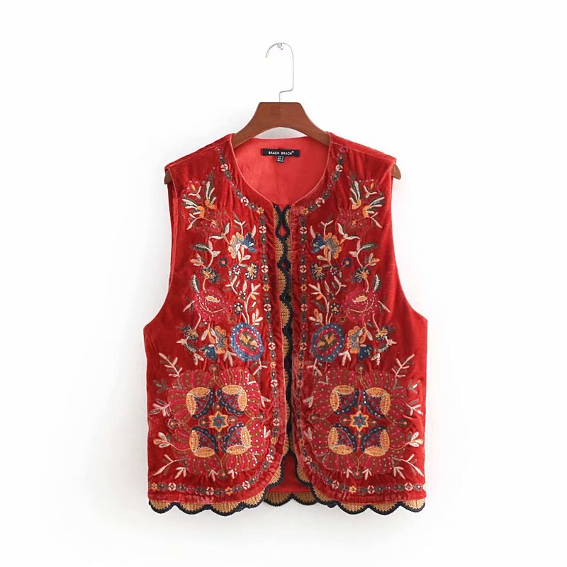 Women Vintage sequins flower embroidery vest jacket ladies retro national style patchwork casual velvet waistCoat CT154: S